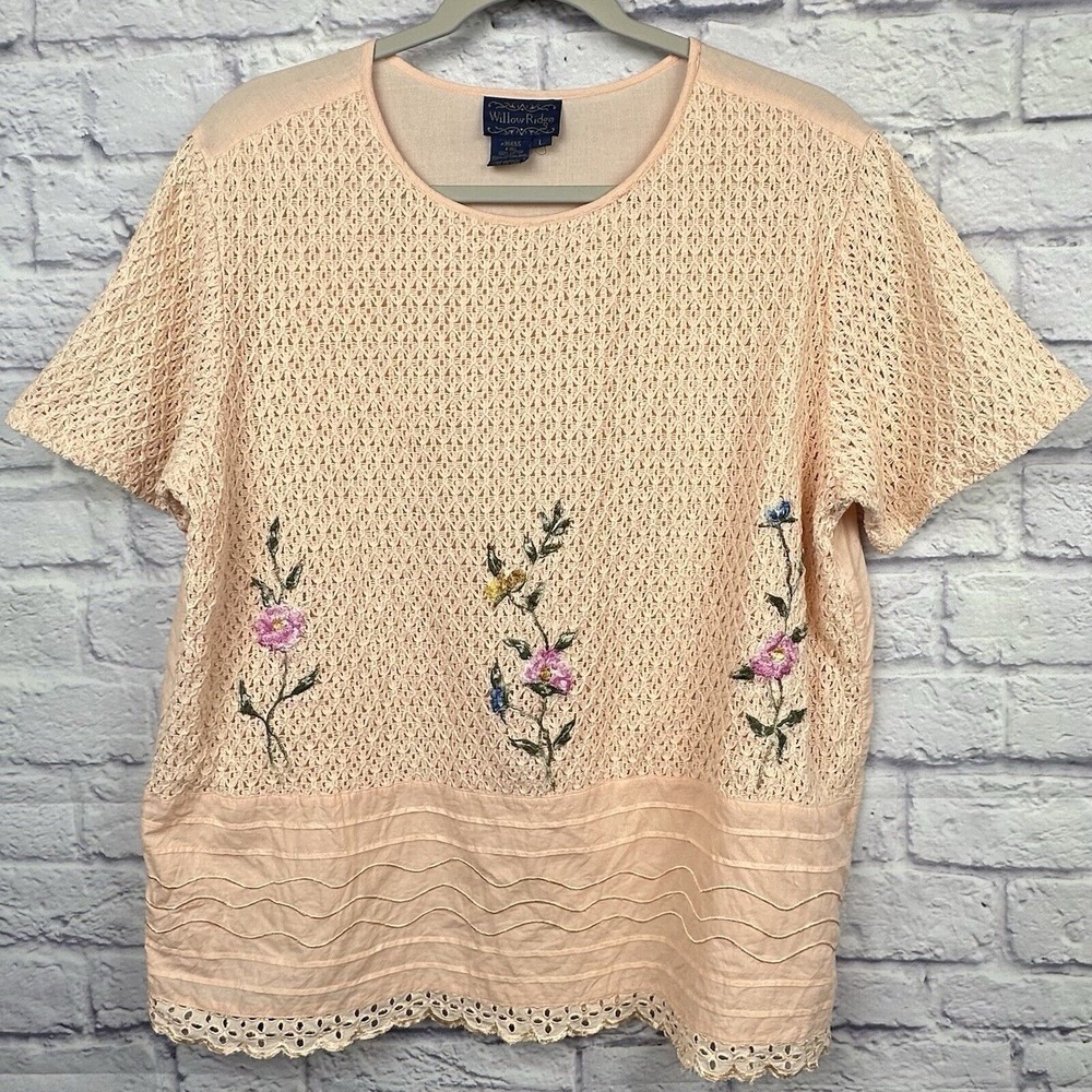 VTG Womens Crochet Top L Peach Willow Ridge Crochet Embroidered Lace Cottagecore
